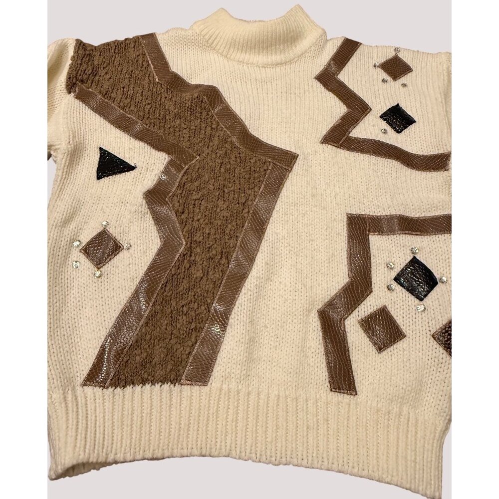 Girls 80s Maggie Lawrence Collection Cream Knit Sweater Geometric‎ Rhinestones L - Picture 2 of 11